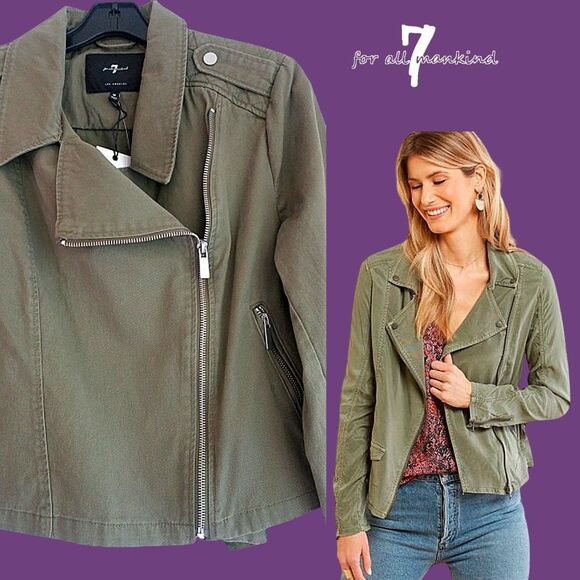 7 FOR ALL MANKIND NEW Grunge Khaki Asymmetric Epaulet Moto Jacket M - Picture 3 of 12